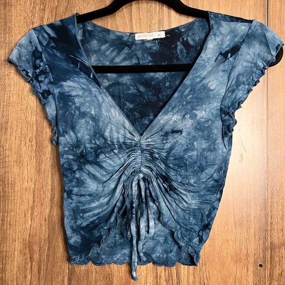 Antistar Blue Acid Wash Ruched Crop Top - Picture 2 of 5